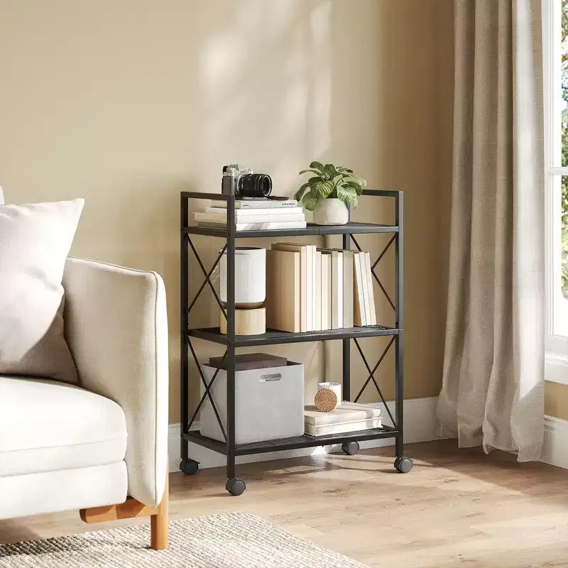 Étagère de rangement métallique à 3 niveaux avec roulettes, organisateur de rangement, support pour plantes, étagères grillagées et cadres latéraux en X, largeur de 60 cm, pour entrée