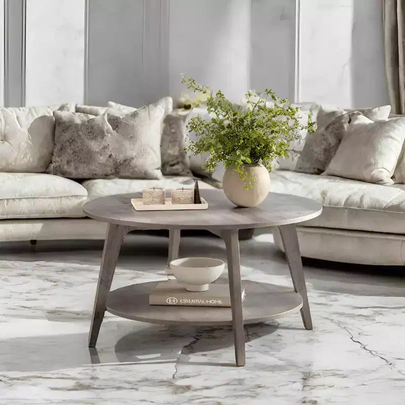 Table basse ronde marron miel avec 2 niveaux de rangement, mesurant 80 x 45 cm, idéale pour le salon