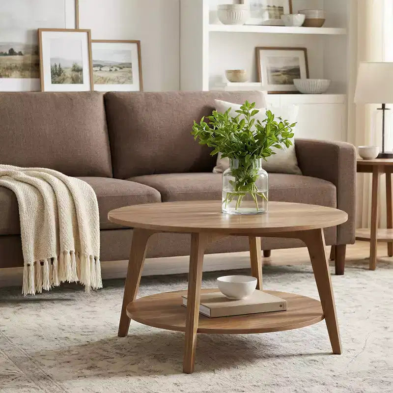 Table basse ronde marron miel avec 2 niveaux de rangement, mesurant 80 x 45 cm, idéale pour le salon