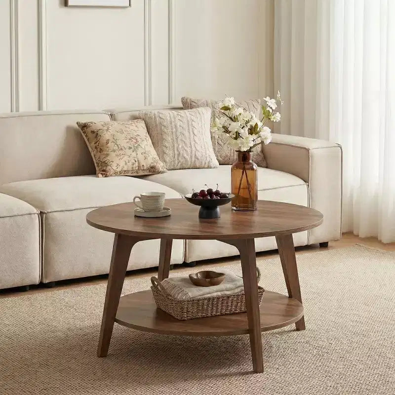 Table basse ronde marron miel avec 2 niveaux de rangement, mesurant 80 x 45 cm, idéale pour le salon