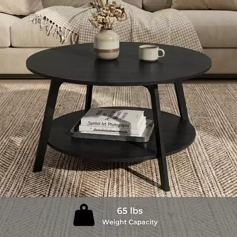 Table basse ronde marron miel avec 2 niveaux de rangement, mesurant 80 x 45 cm, idéale pour le salon