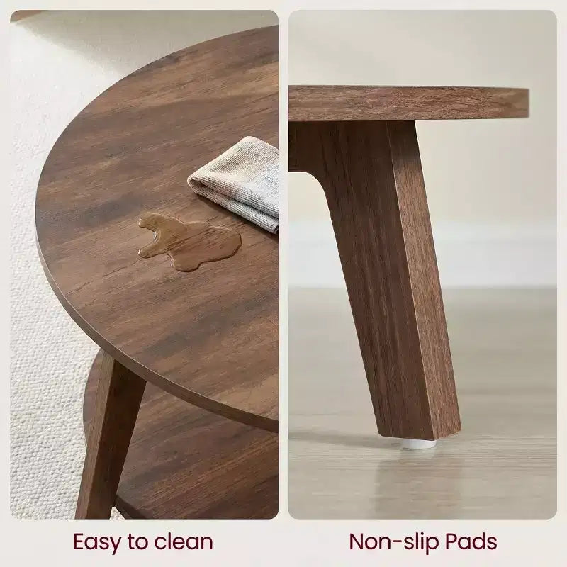 Table basse ronde marron miel avec 2 niveaux de rangement, mesurant 80 x 45 cm, idéale pour le salon