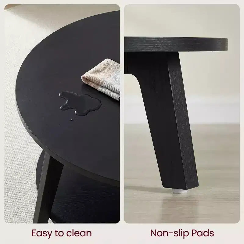 Table basse ronde marron miel avec 2 niveaux de rangement, mesurant 80 x 45 cm, idéale pour le salon