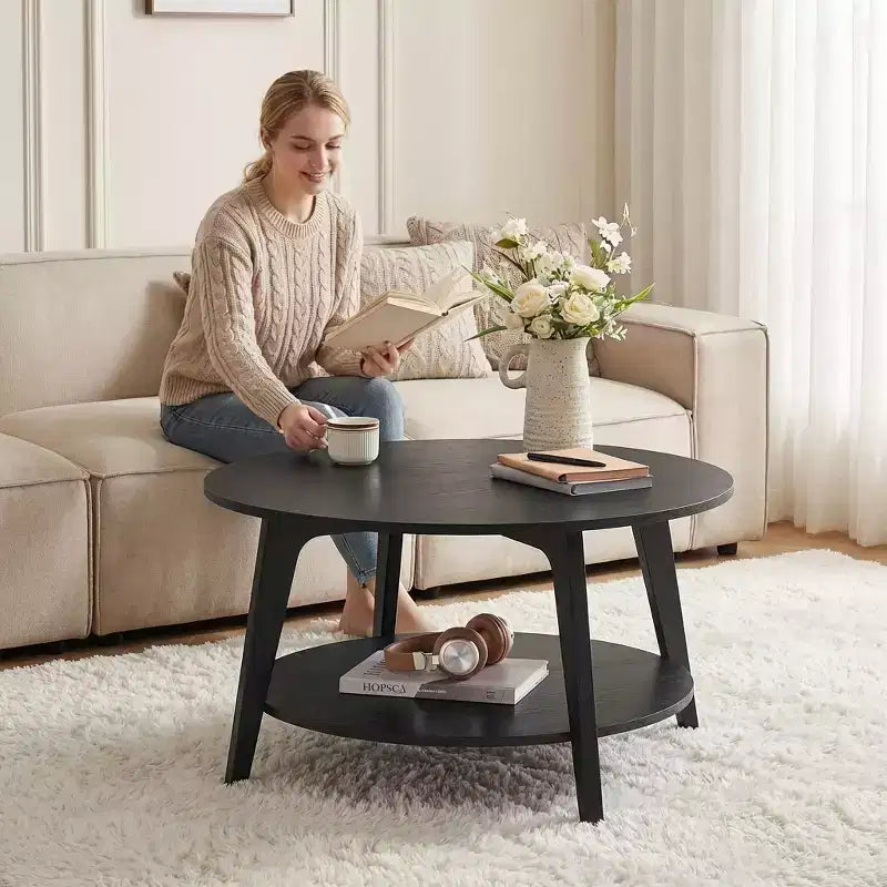 Table basse ronde marron miel avec 2 niveaux de rangement, mesurant 80 x 45 cm, idéale pour le salon