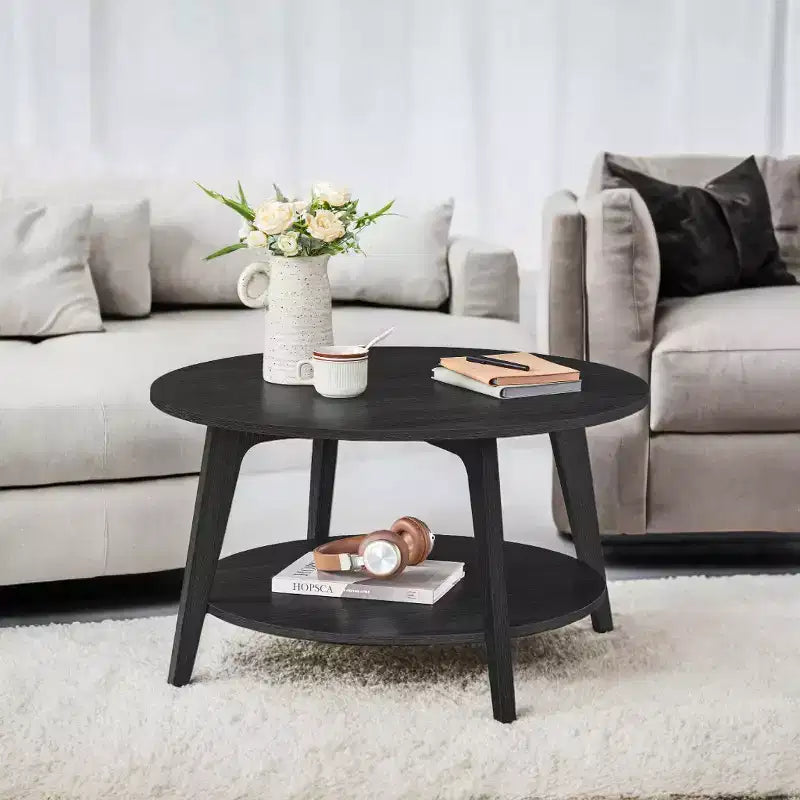 Table basse ronde marron miel avec 2 niveaux de rangement, mesurant 80 x 45 cm, idéale pour le salon