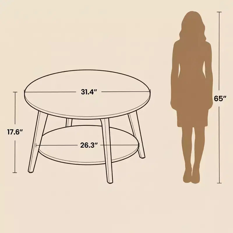 Table basse ronde marron miel avec 2 niveaux de rangement, mesurant 80 x 45 cm, idéale pour le salon