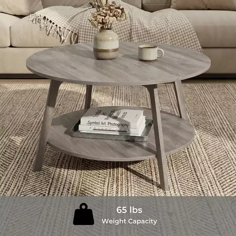 Table basse ronde marron miel avec 2 niveaux de rangement, mesurant 80 x 45 cm, idéale pour le salon