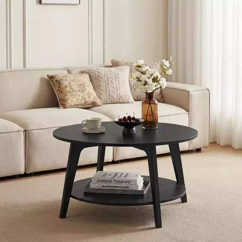 Honey Brown Round Coffee Table with 2 Tiers of Storage, Measuring 31.5 x 17.7 Inches, Ideal for the Living Room
