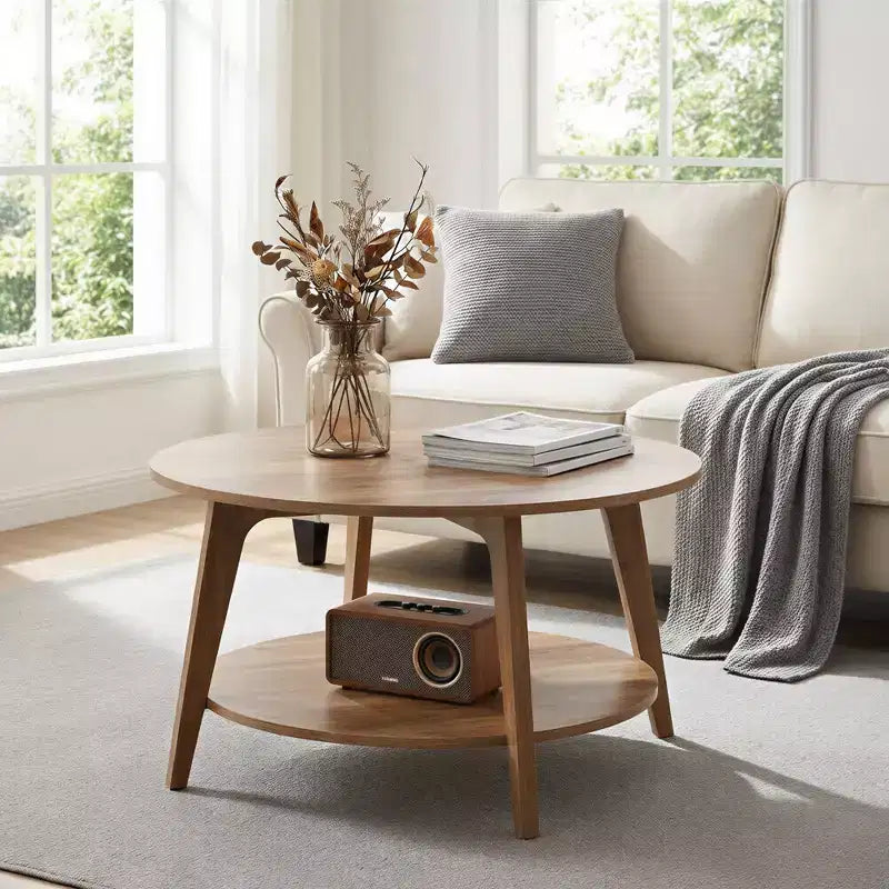 Table basse ronde marron miel avec 2 niveaux de rangement, mesurant 80 x 45 cm, idéale pour le salon