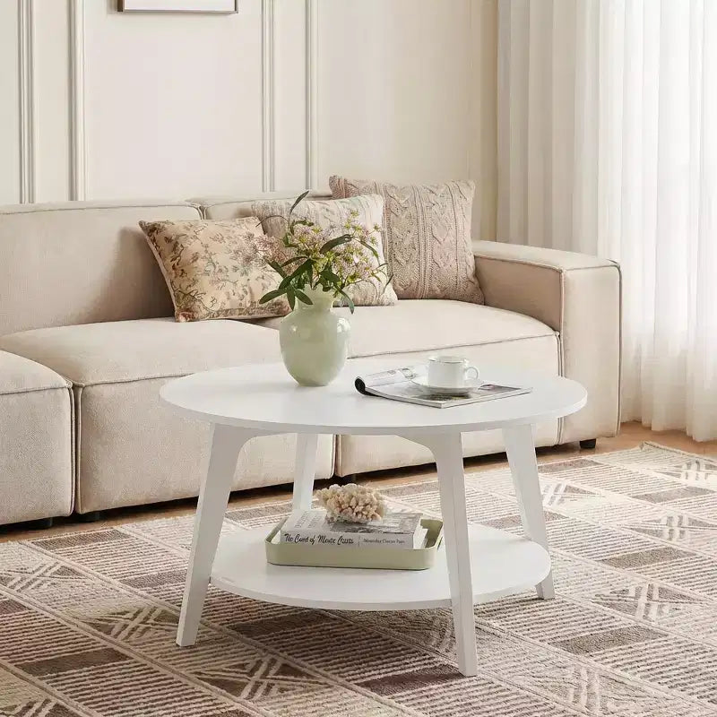 Table basse ronde marron miel avec 2 niveaux de rangement, mesurant 80 x 45 cm, idéale pour le salon