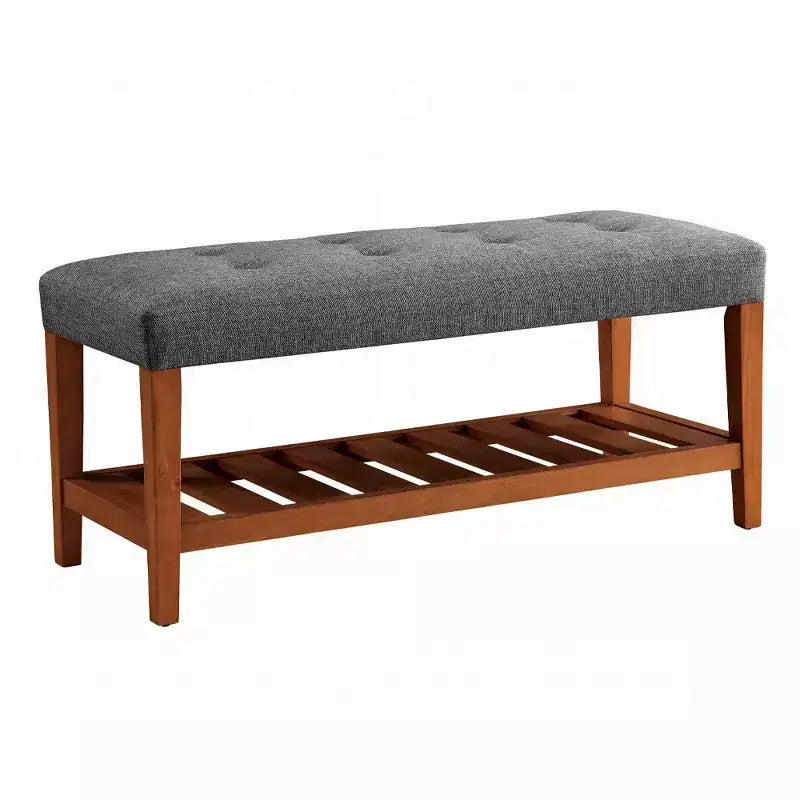 Simple Relax Fabric Upholstered Storage Bench in Gray and Oak