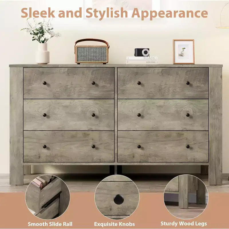 Commode à 6 tiroirs pour chambre à coucher, Organiseur de commode large et moderne avec tiroirs de rangement, Commode en bois pour salon, entrée, bureau à domicile