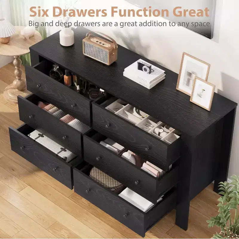 Commode à 6 tiroirs pour chambre à coucher, Organiseur de commode large et moderne avec tiroirs de rangement, Commode en bois pour salon, entrée, bureau à domicile