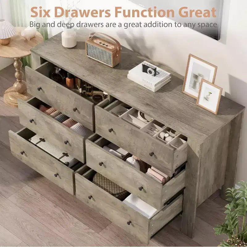 Commode à 6 tiroirs pour chambre à coucher, Organiseur de commode large et moderne avec tiroirs de rangement, Commode en bois pour salon, entrée, bureau à domicile