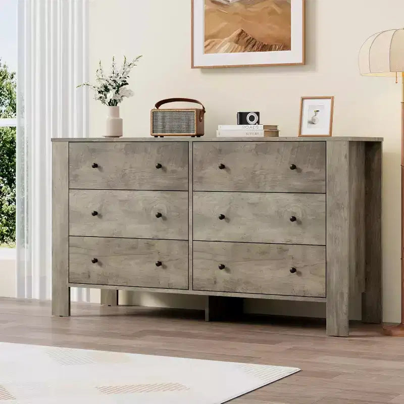 Commode à 6 tiroirs pour chambre à coucher, Organiseur de commode large et moderne avec tiroirs de rangement, Commode en bois pour salon, entrée, bureau à domicile