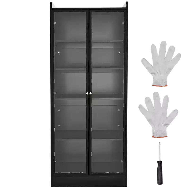 VEVOR Display Cabinet with Doors, 67 in Tall Lighted Display Case with 2 Adjustable Shelves, 5-Tier Curio Collectibles Storage Cabinet, Black