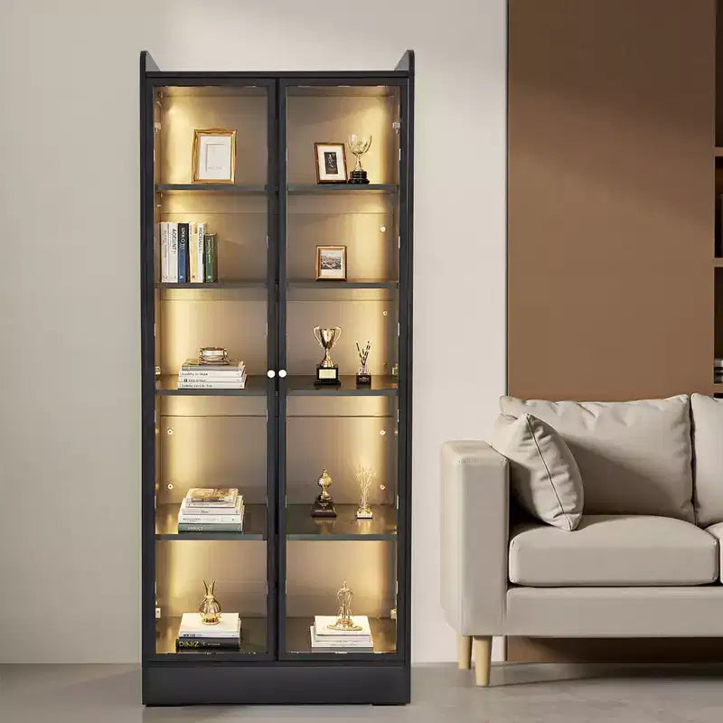 Vitrine avec portes, vitrine éclairée de 170 cm de haut avec 2 étagères réglables, vitrine de rangement de collection à 5 niveaux, noire