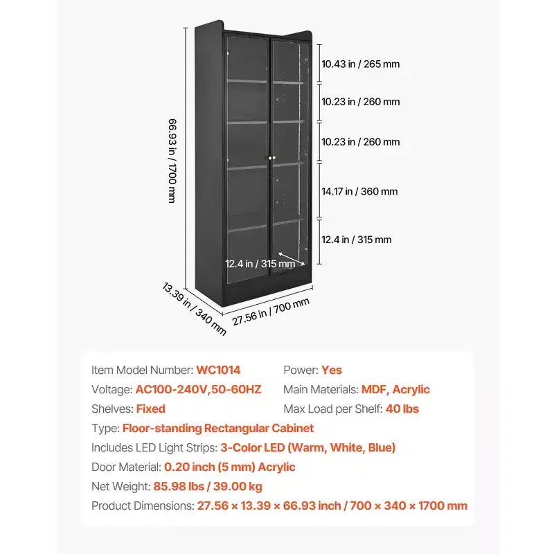 Vitrine avec portes, vitrine éclairée de 170 cm de haut avec 2 étagères réglables, vitrine de rangement de collection à 5 niveaux, noire