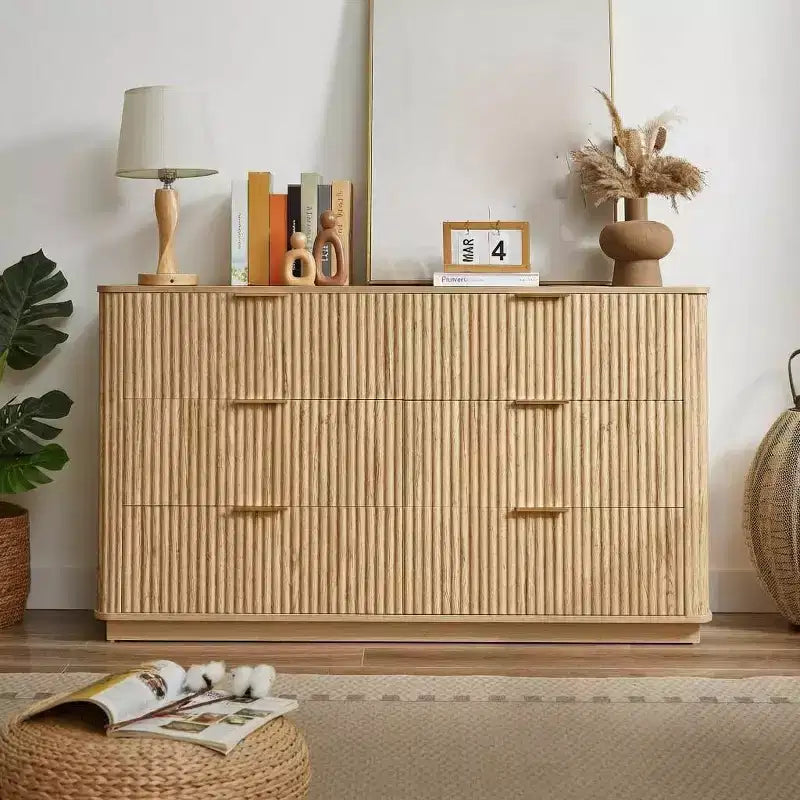 6 Drawer Dresser for Bedroom, 55 Wide Chest of Drawers with Gold Handles, Fluted Closet Drawer TV Stand