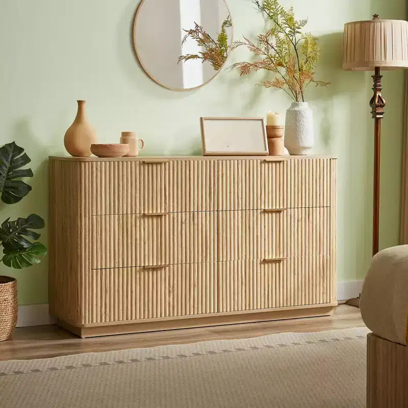 Commode à 6 tiroirs pour chambre à coucher, commode de 140 cm de large avec poignées dorées, meuble TV à tiroirs cannelés pour placard