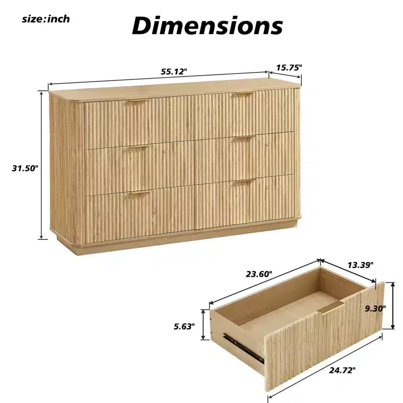 Commode à 6 tiroirs pour chambre à coucher, commode de 140 cm de large avec poignées dorées, meuble TV à tiroirs cannelés pour placard