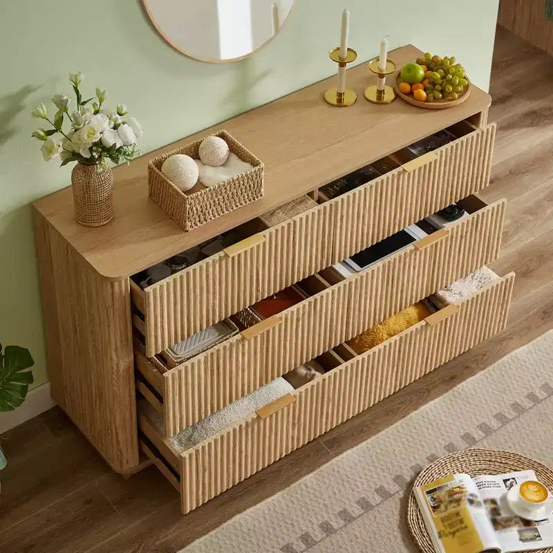 Commode à 6 tiroirs pour chambre à coucher, commode de 140 cm de large avec poignées dorées, meuble TV à tiroirs cannelés pour placard
