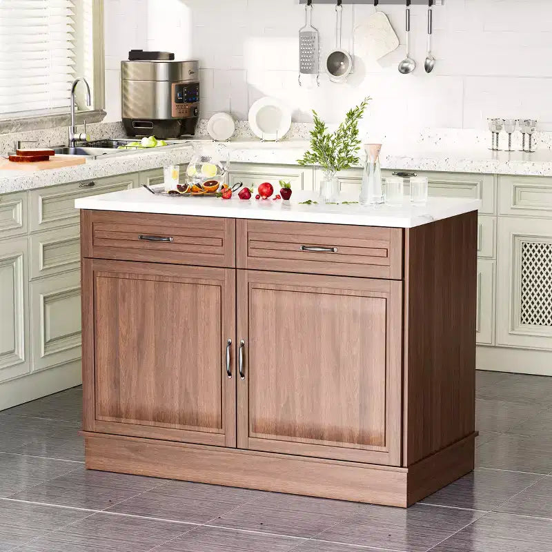 EROMMY 48 Island Table For Kitchen, Classic Kitchen Island Cart With Storage, Marble Countertop, Walnut Wood Grain And 2 Drawers & 2 Cabinets