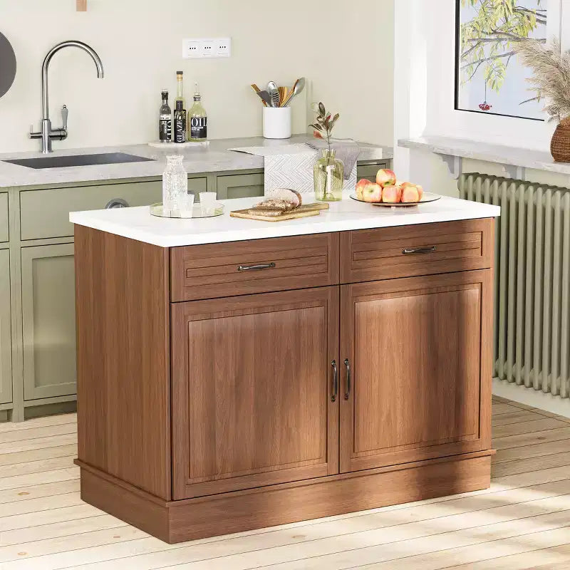 48 Table îlot pour cuisine, Desserte îlot de cuisine classique avec rangement, Plan de travail en marbre, Grain de bois de noyer et 2 tiroirs et 2 armoires