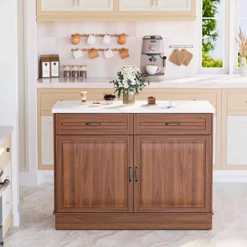48 Table îlot pour cuisine, Desserte îlot de cuisine classique avec rangement, Plan de travail en marbre, Grain de bois de noyer et 2 tiroirs et 2 armoires