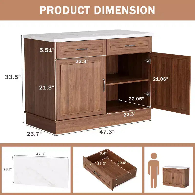 48 Table îlot pour cuisine, Desserte îlot de cuisine classique avec rangement, Plan de travail en marbre, Grain de bois de noyer et 2 tiroirs et 2 armoires