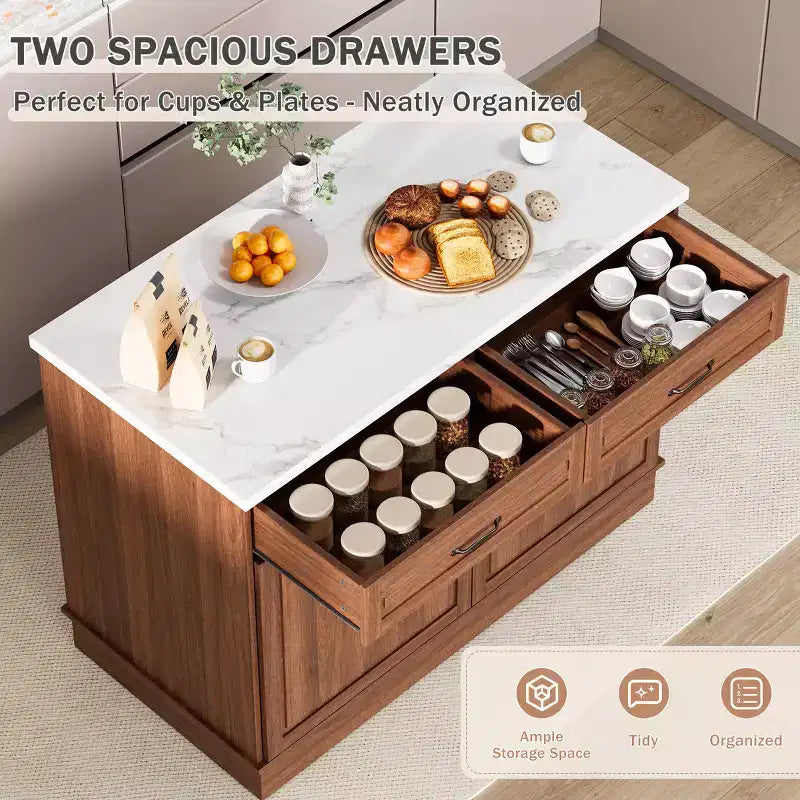 48 Table îlot pour cuisine, Desserte îlot de cuisine classique avec rangement, Plan de travail en marbre, Grain de bois de noyer et 2 tiroirs et 2 armoires