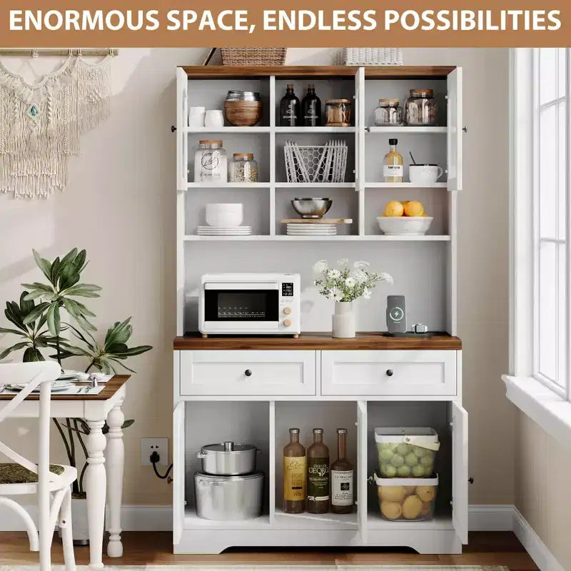 71 armoire de garde-manger avec station de chargement, grande armoire de rangement de cuisine avec support pour micro-ondes, buffet de cuisine de style ferme avec tiroirs de rangement