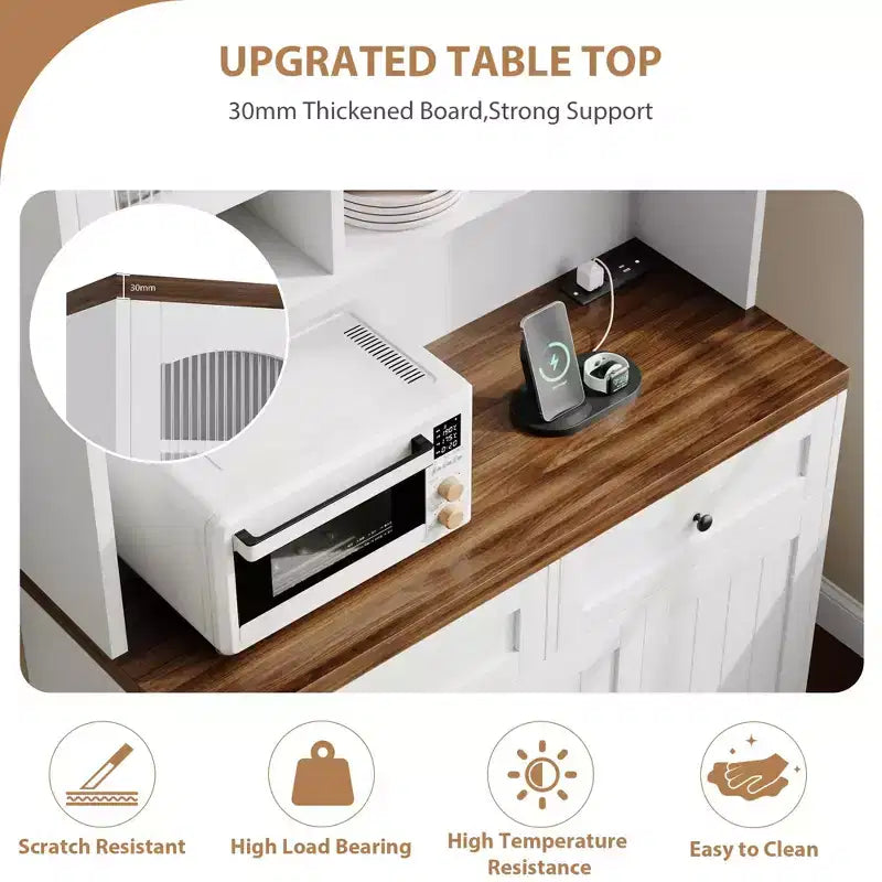 71 armoire de garde-manger avec station de chargement, grande armoire de rangement de cuisine avec support pour micro-ondes, buffet de cuisine de style ferme avec tiroirs de rangement
