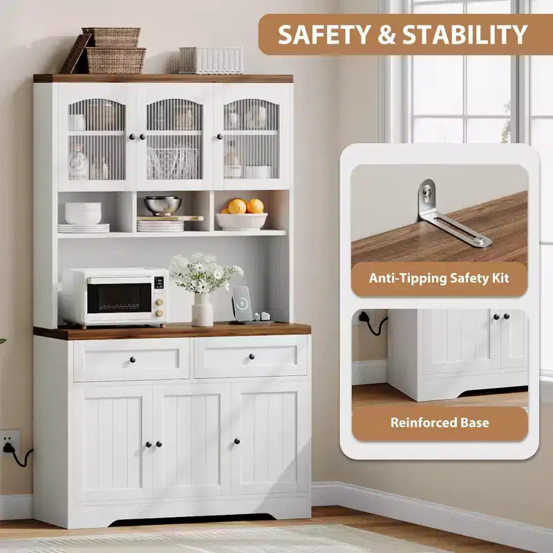 71 armoire de garde-manger avec station de chargement, grande armoire de rangement de cuisine avec support pour micro-ondes, buffet de cuisine de style ferme avec tiroirs de rangement