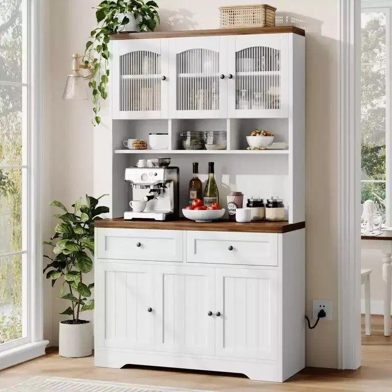 71 armoire de garde-manger avec station de chargement, grande armoire de rangement de cuisine avec support pour micro-ondes, buffet de cuisine de style ferme avec tiroirs de rangement