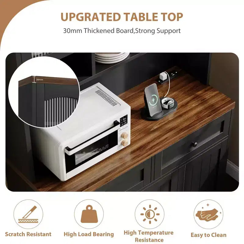 71 armoire de garde-manger avec station de chargement, grande armoire de rangement de cuisine avec support pour micro-ondes, buffet de cuisine de style ferme avec tiroirs de rangement