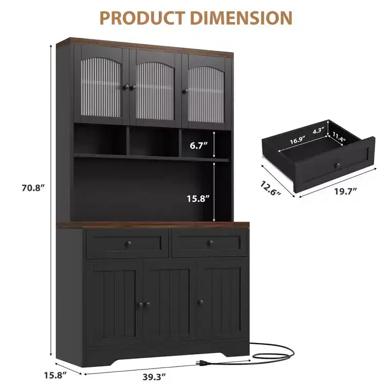 71 armoire de garde-manger avec station de chargement, grande armoire de rangement de cuisine avec support pour micro-ondes, buffet de cuisine de style ferme avec tiroirs de rangement