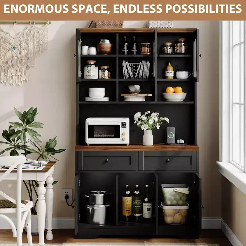 71 armoire de garde-manger avec station de chargement, grande armoire de rangement de cuisine avec support pour micro-ondes, buffet de cuisine de style ferme avec tiroirs de rangement