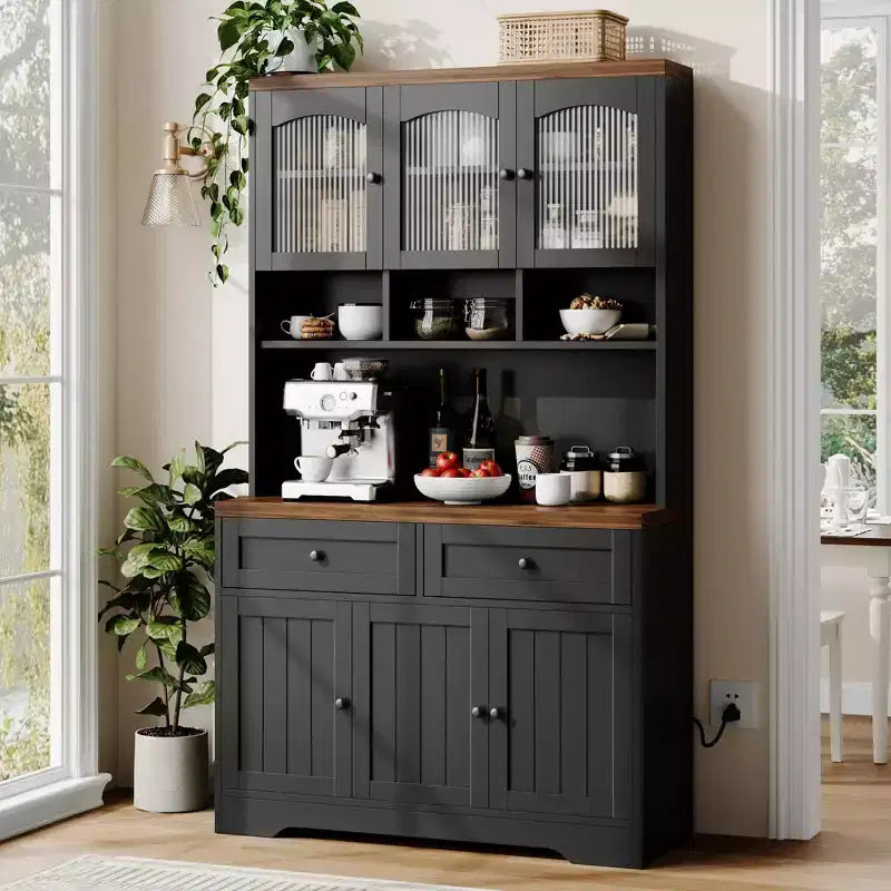 71 armoire de garde-manger avec station de chargement, grande armoire de rangement de cuisine avec support pour micro-ondes, buffet de cuisine de style ferme avec tiroirs de rangement