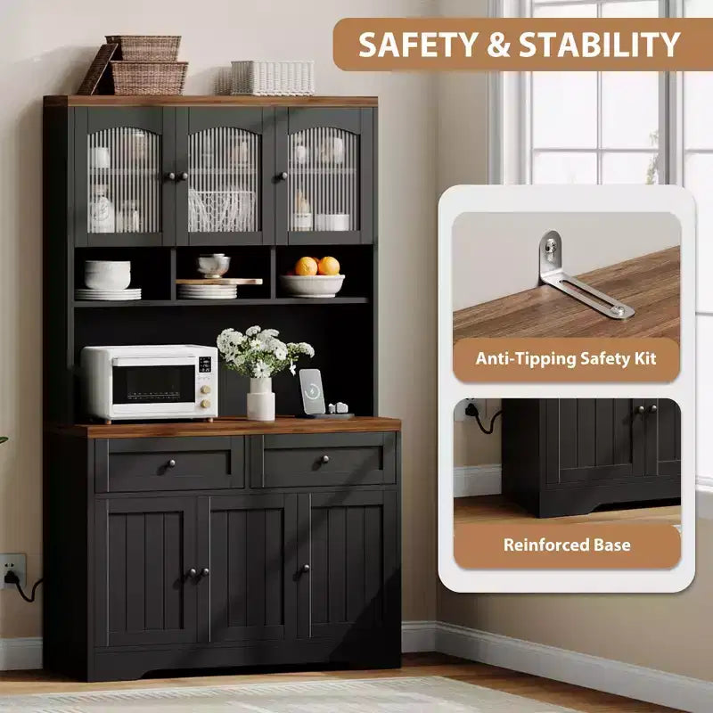 71 armoire de garde-manger avec station de chargement, grande armoire de rangement de cuisine avec support pour micro-ondes, buffet de cuisine de style ferme avec tiroirs de rangement