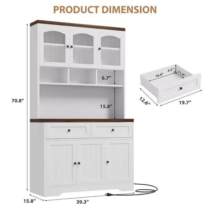 71 armoire de garde-manger avec station de chargement, grande armoire de rangement de cuisine avec support pour micro-ondes, buffet de cuisine de style ferme avec tiroirs de rangement