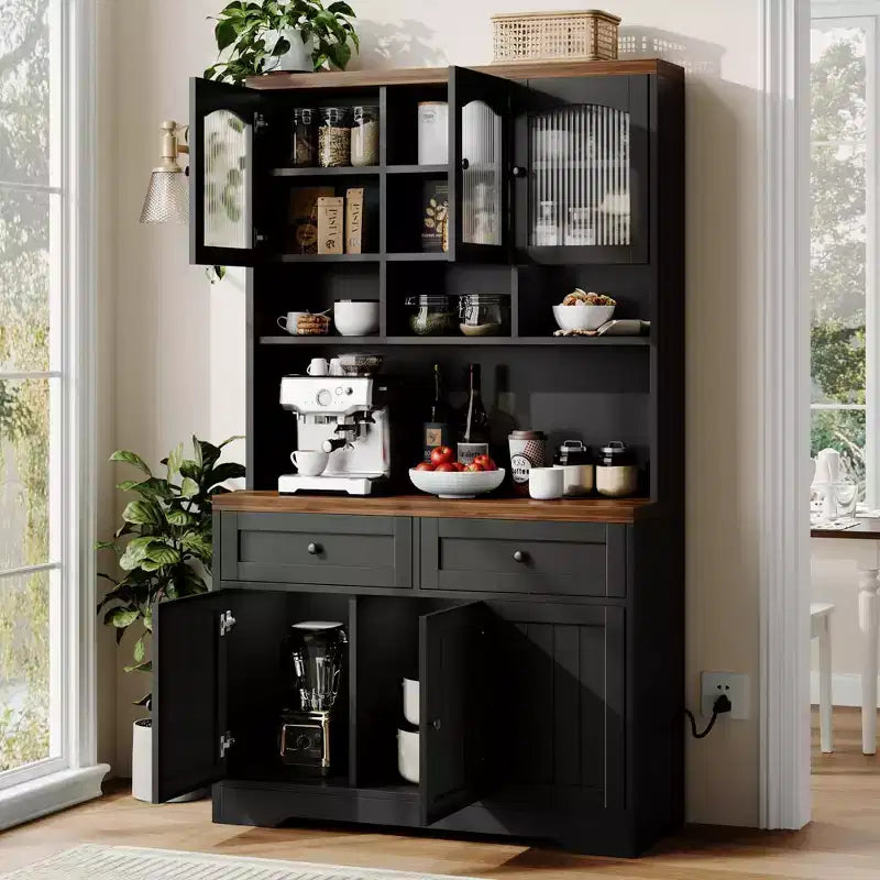 71 Pantry Cabinet with Charging Station, Tall Kitchen Pantry Storage Cabinet with Microwave Stand, Farmhouse Kitchen Hutch with Storage Drawers