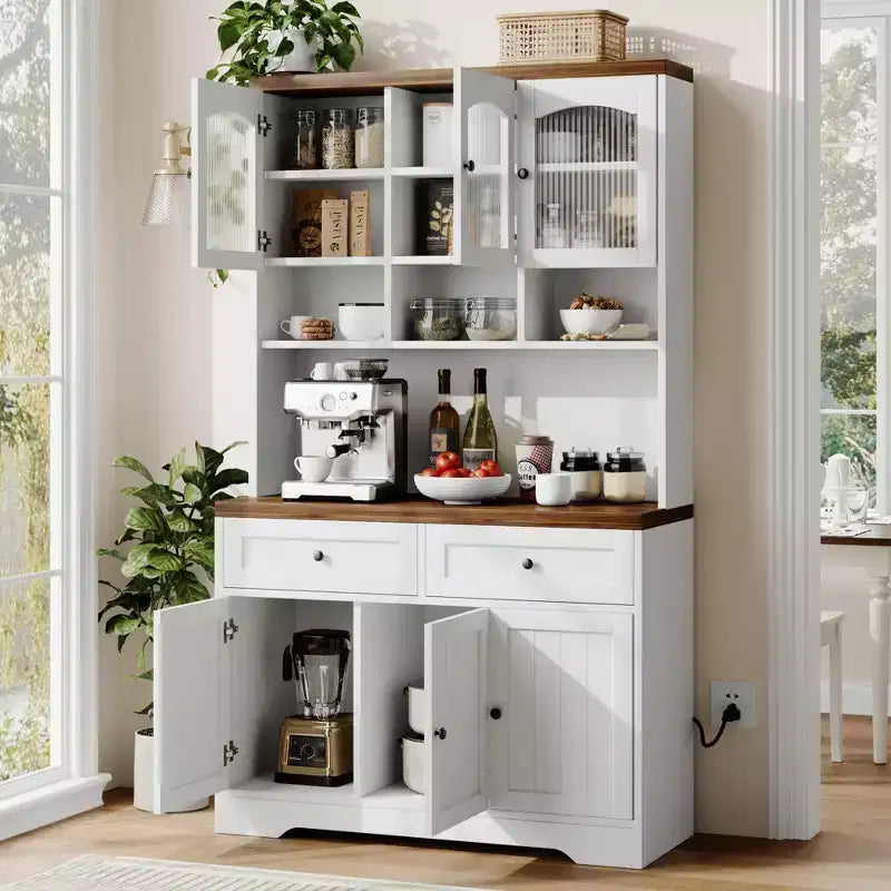 71 armoire de garde-manger avec station de chargement, grande armoire de rangement de cuisine avec support pour micro-ondes, buffet de cuisine de style ferme avec tiroirs de rangement