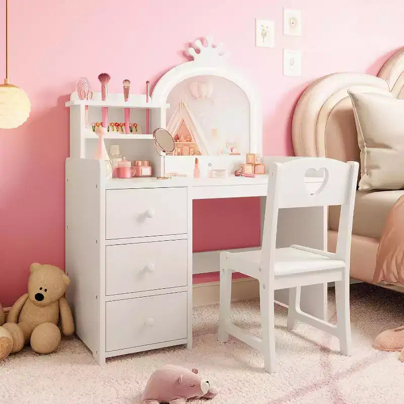white Wooden Princess Vanity Desk with 3-Color Touch LED Mirror & Chair, Storage Drawers & Shelves for Little Girls Bedroom