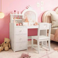 white Wooden Princess Vanity Desk with 3-Color Touch LED Mirror & Chair, Storage Drawers & Shelves for Little Girls Bedroom