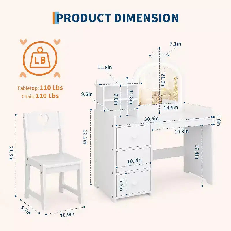 Coiffeuse de princesse en bois blanc avec miroir LED tactile 3 couleurs et chaise, tiroirs de rangement et étagères pour chambre de petites filles