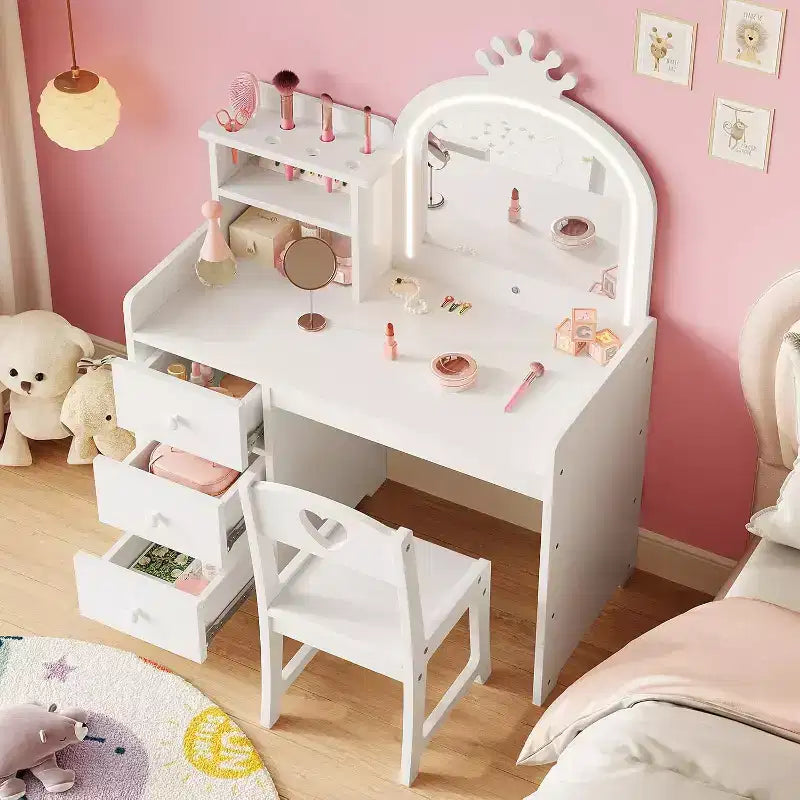 Coiffeuse de princesse en bois blanc avec miroir LED tactile 3 couleurs et chaise, tiroirs de rangement et étagères pour chambre de petites filles