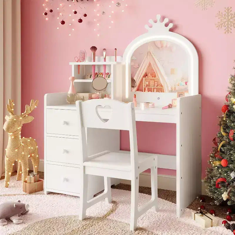 Coiffeuse de princesse en bois blanc avec miroir LED tactile 3 couleurs et chaise, tiroirs de rangement et étagères pour chambre de petites filles