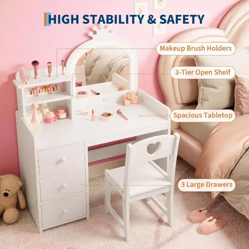 Coiffeuse de princesse en bois blanc avec miroir LED tactile 3 couleurs et chaise, tiroirs de rangement et étagères pour chambre de petites filles