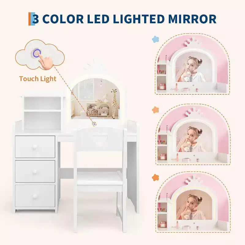 Coiffeuse de princesse en bois blanc avec miroir LED tactile 3 couleurs et chaise, tiroirs de rangement et étagères pour chambre de petites filles